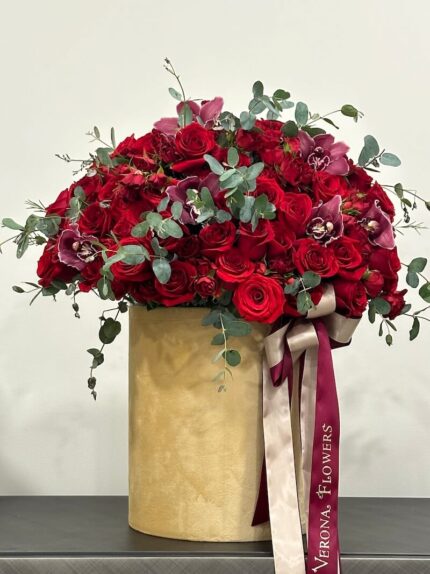 Allure red rose arrangement in a box – bold and passionate bouquet symbolizing love, strength, and desire.