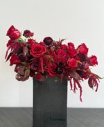 Red rose bouquet with ranunculus and amaranthus in vase – Blazing Heart.