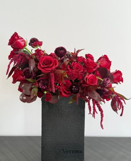 Red rose bouquet with ranunculus and amaranthus in vase – Blazing Heart.