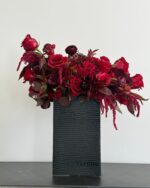 Red rose bouquet with ranunculus and amaranthus in vase – Blazing Heart.