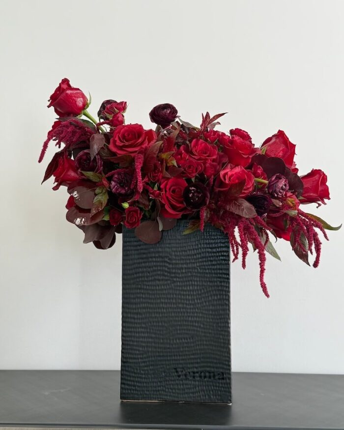 Red rose bouquet with ranunculus and amaranthus in vase – Blazing Heart.